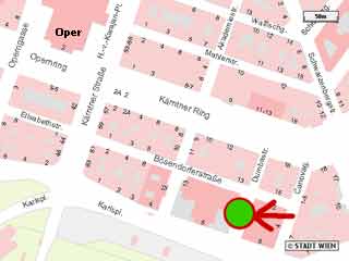 Umgebungskarte vom Treffpunkt Musikverein. Der grüne Kreis mit roter Umrandung in der Mitte markiert den Treffpunkt für unsere Stadtspaziergänge